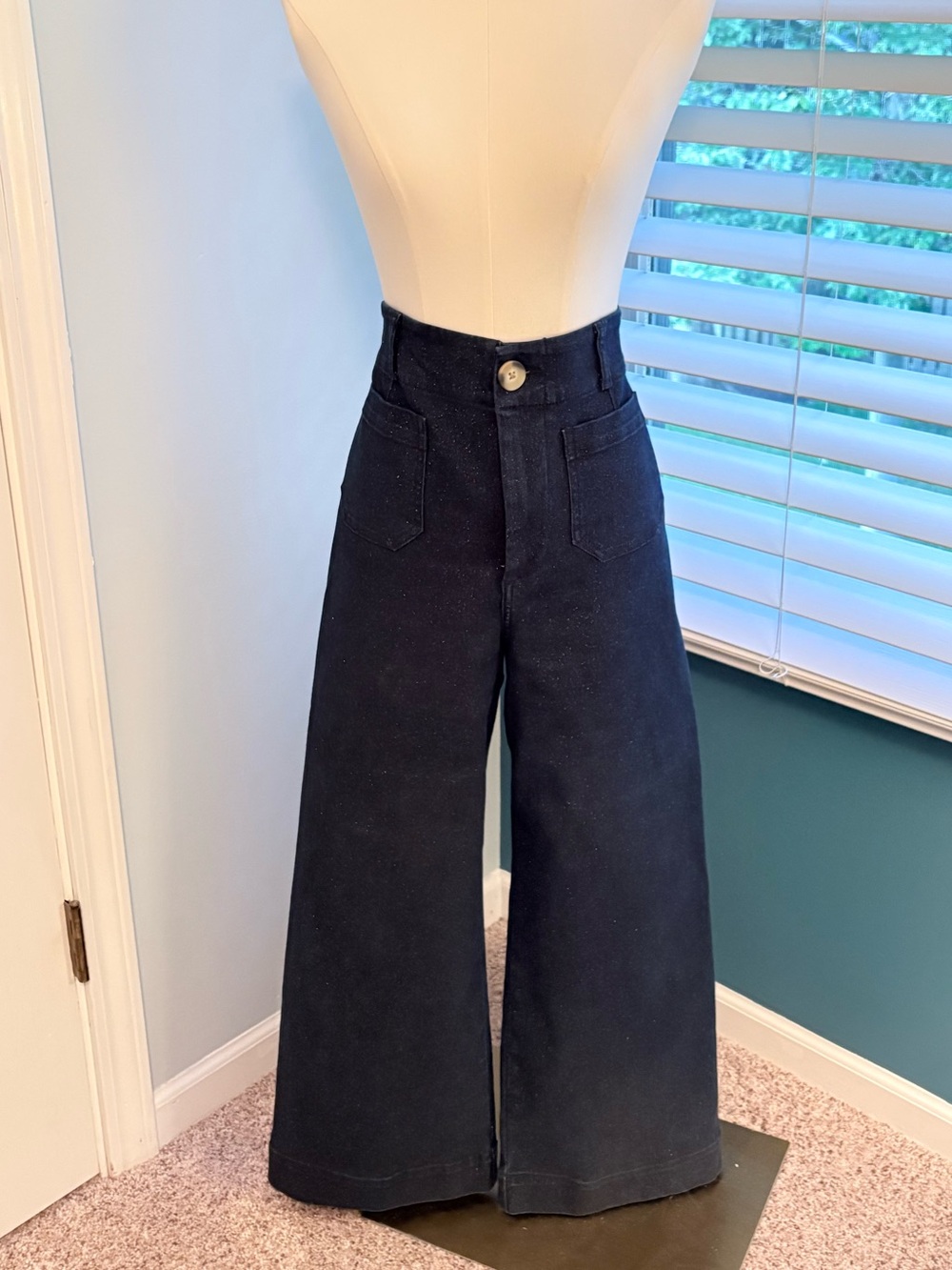 Maeve Colette High-Waist Wide Leg Women Jeans in Dark Navy with Sparkles.